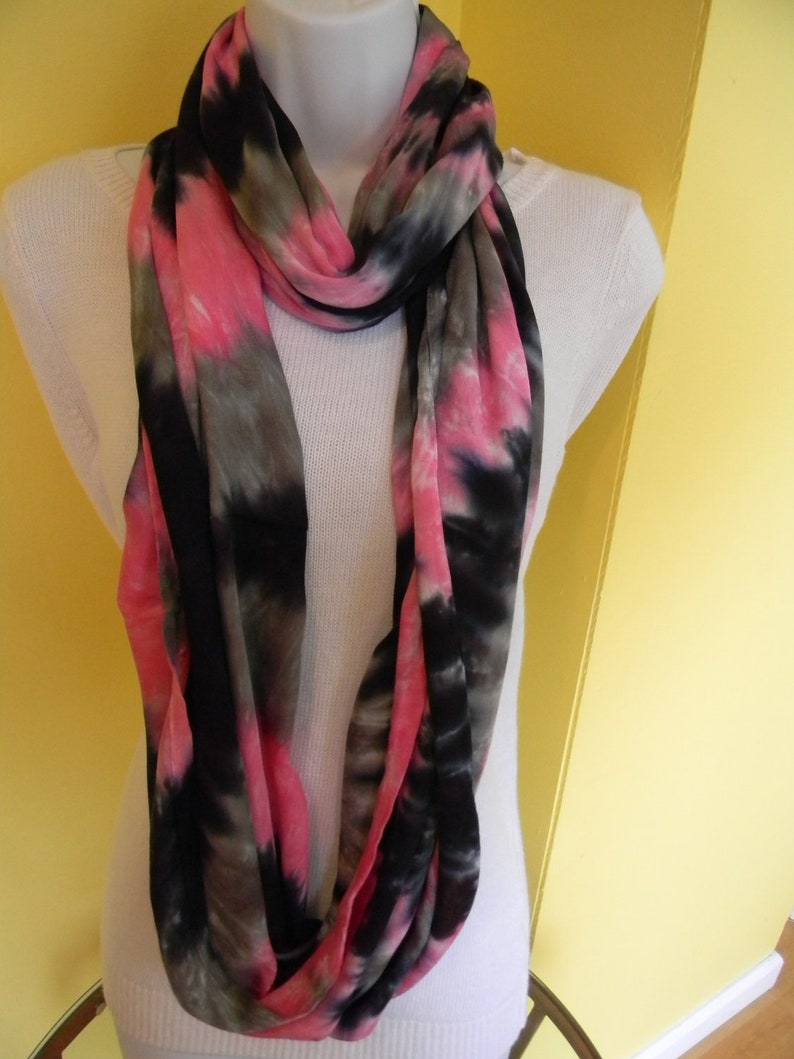 Tye dye scarf, Hand dyed infinity scarf, Rayon scarf, Black, hot pink and gray scarf, Tie dye scarf, circle scarf image 5