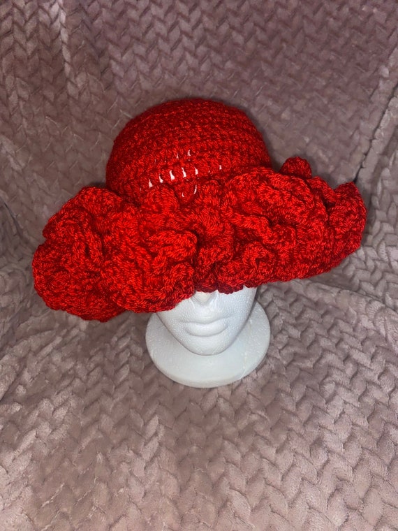 Women\'s Red Hand Made Crochet Hat with Ruffled Brim EINCORN Handmade Crochet Bucket Hat for Woman Teen Outdoor  main image 2