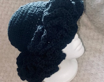 Handmade Black Crochet Ruffle Hat