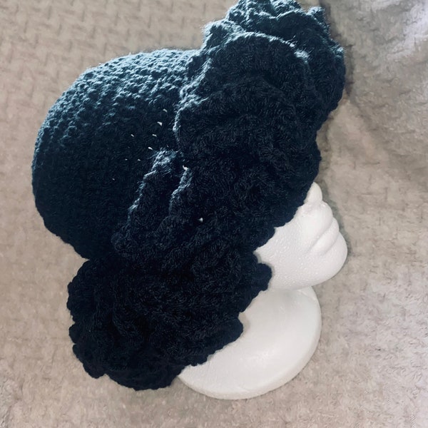 Handmade Black Crochet Ruffle Hat