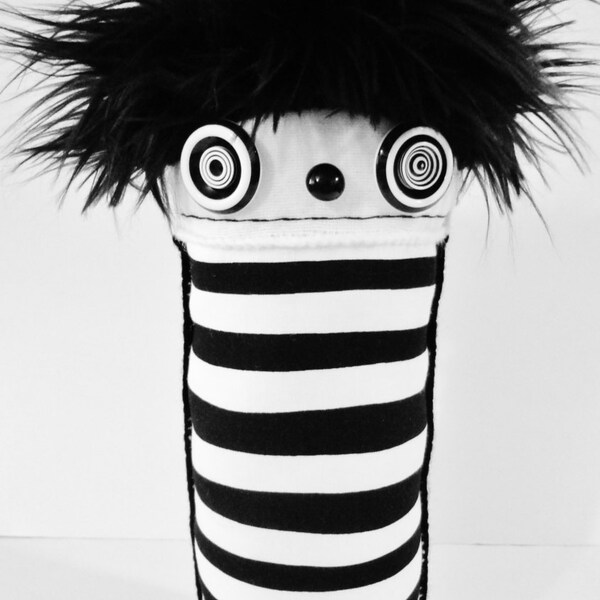 POLKADOTTYDOLL - Plush Art Doll Modern Black and White Stripe Crazy Art Doll Urban Art Soft Sculpture Plushie - LYNDA BLACK