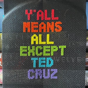 Op de afbeelding: Zwarte stof met kruissteektekst in regenboogkleuren. De tekst luidt "Y'ALL MEANS ALL EXCEPT TED CRUZ". De letters zijn rood, oranje, geel, groen, turquoise en paars. De stof is waarschijnlijk canvas of een vergelijkbaar materiaal.