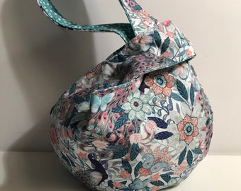 Japanese Knot Bag, Grab and Go bag, Wristlet, Knit Handbag- Peacock Bag