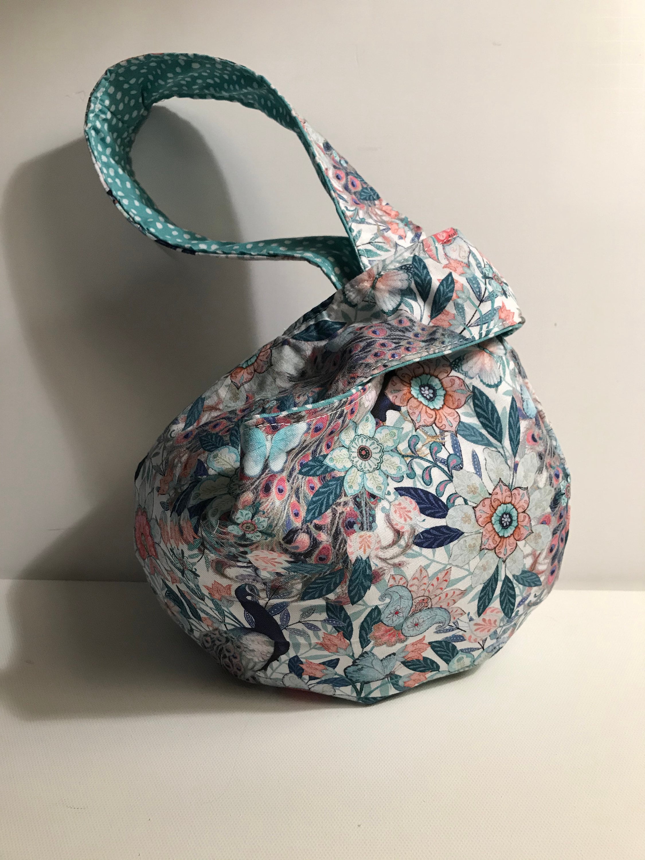 Japanese Knot Bag, Grab and Go bag, Wristlet, Knit Handbag- Peacock Bag