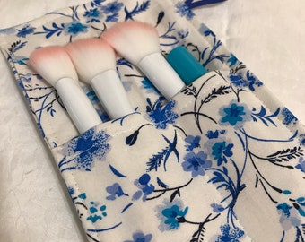 Beautiful Makeup Cosmetic Brushes Roll  ( Blue Floral Design )