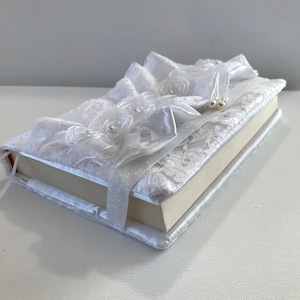 Beautiful Satin White and Lace  Ruffle Design Bible   Cover -  Ceremony -  Baptism - 8  3/4&quot; L  x  5  3/4&quot; W  x  1  1/4&quot; D         -