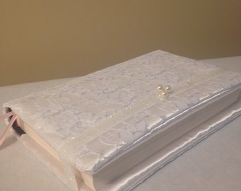 Beautiful Satin White and Lace Design Bible  Cover -Ceremony - Baptism - 9.5" L x 6.5" W x 1.5" D