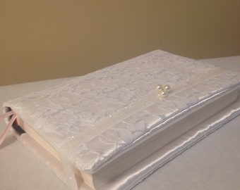 Beautiful Satin White and Lace Design Bible  Cover -Ceremony - Baptism - 9.5&quot; L x 6.5&quot; W x 1.5&quot; D