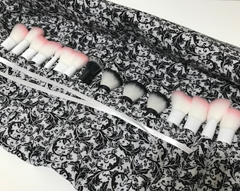 Beautiful Black Damask Large Makeup Cosmetic Brush Roll,Travel,Artist