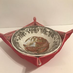 Large Microwave Bowl Cozy  Red and White Stripe-Polka Dot  Design