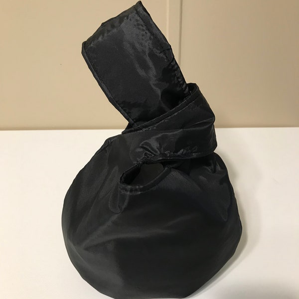 Japanese Knot Bag, Grab and Go bag, Wristlet, Knit Handbag--Black Taffeta Bag