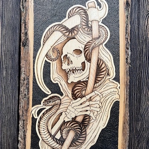 Grim Reaper Snake Wood Burning Art