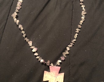 24 inch Necklace Jewelry Rock Wire and Purple White Stone Cross Pendant one of a kind Handmade