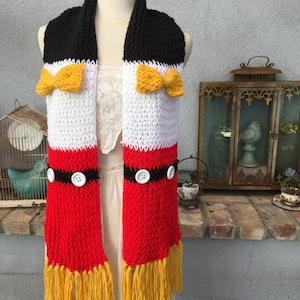 Inspired by Mickey Mouse Bowtie Knit Adult or Child Size Crochet Scarf Winter Wear Warm Gift Present Buttons Black Red White Gold