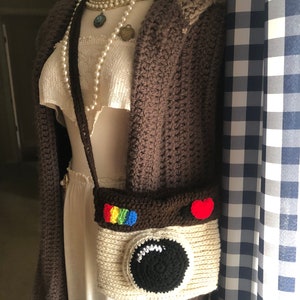 Instagram IG Purse Crochet Bag Side Bag Handbag Shoulder Bag Crochet Custom Made Includes Liner Looks like the Insta Logo Tan bottom half with Dark Brown Upper Rim and Strap.  Red Yellow Green Blue color lines with a red heart and Lens
