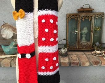 Inspired by Mickey Mouse and Minnie Mouse Scarf One on Each End  Knit Adult or Child Size Crochet Scarf Winter Wear Warm Gift Present