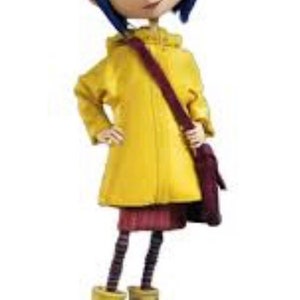 May include: A girl with blue hair wearing a yellow raincoat, a red skirt, and yellow rain boots. She is carrying a burgundy bag.