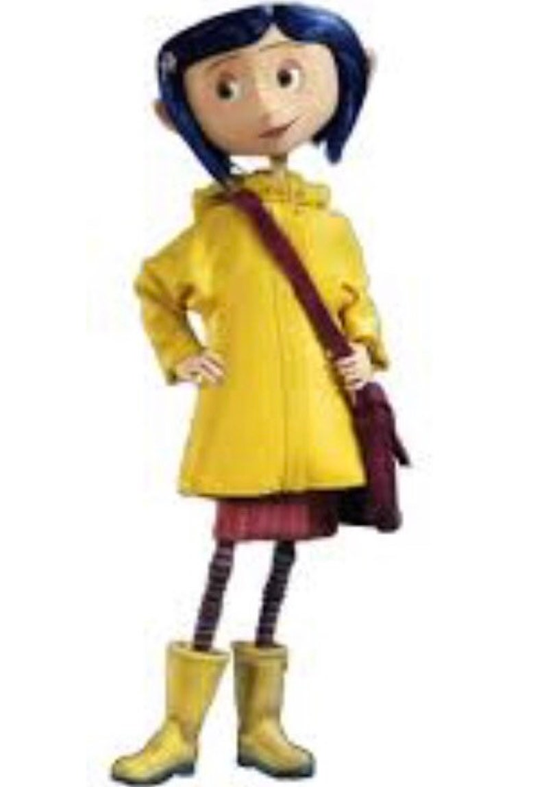 May include: A girl with blue hair wearing a yellow raincoat, a red skirt, and yellow rain boots. She is carrying a burgundy bag.
