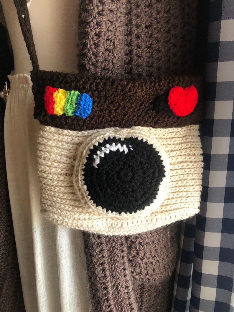 Instagram IG Purse Crochet Bag Side Bag Handbag Shoulder Bag Crochet Custom Made Includes Liner Looks like the Insta Logo Tan bottom half with Dark Brown Upper Rim and Strap.  Red Yellow Green Blue color lines with a red heart and Lens