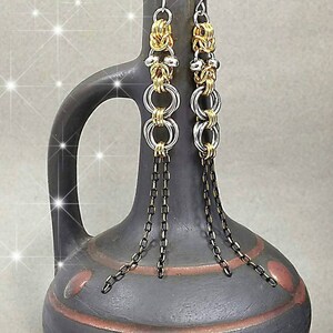 Byzantine weave Gold and silver tone Earrings, Mixed Metal Chain maile with beads, Custom earrings