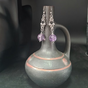 Light Amethyst Gemstone Rounds Stainless Steel Earrings Size 2.5"