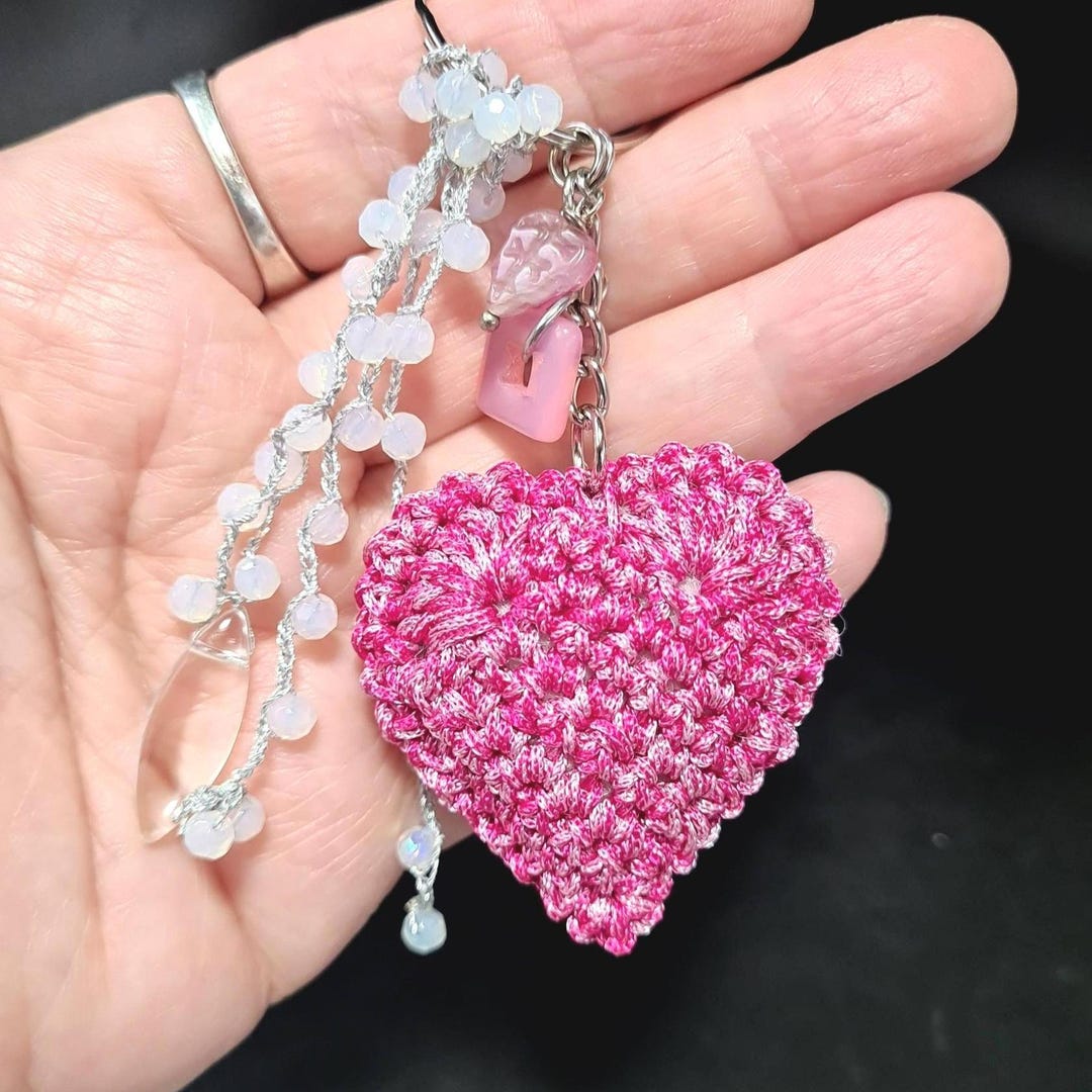 Crochet Pink Heart Keychain Bag Charm Love Purse Accessories - Etsy