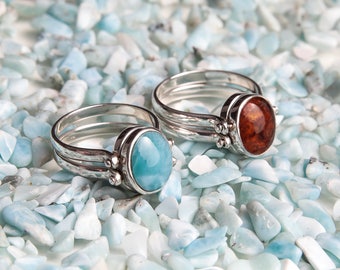 Larimar Amber Ring, Double Sided Ring, Woman Reversible Ring, See Available Sizes, Larimar Ring, Amber Jewelry