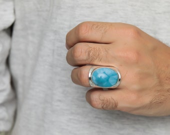 natural larimar ring men’s heavy ring Solid 925 sterling silver ring oval stone semi-precious all sizes jewelry arabic style designer handmade ring men’s wedding ring men’s ring two tone ring