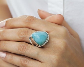 Larimar Ring, Kain, Blue sky Stone Jewelry, Women's Blue Ring Size 7.25, Worldwide Express Shipping