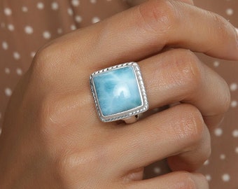 Square Larimar Ring, Leia, Authentic Larimar Stones from the Dominican Republic, Check Available Sizes