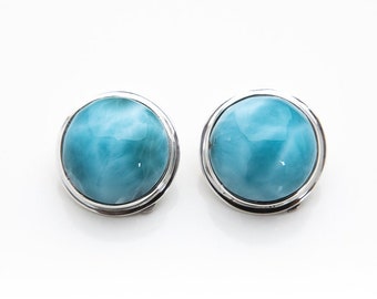 Round Larimar Clip-On Earrings Maggie | Dominican Stone Jewelry for Women | Larimar and Silver | Handcrafted The Larimar Shop®