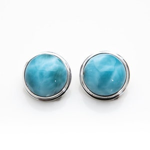 Round Larimar Clip-On Earrings Maggie Dominican Stone Jewelry for Women Larimar and Silver Handcrafted The Larimar Shop® image 1