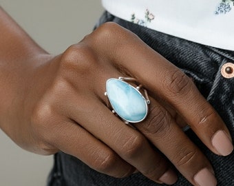 Larimar Ring Dimitri, Blue Larimar Stones, Women's Fine Silver Jewelry, US Ring Size 8.5 | Handcrafted The Larimar Shop