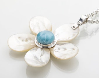 Larimar Flower Pendant, Gail, Mother of Pearl and Larimar Stones Jewelry, Optional 925 silver chain,