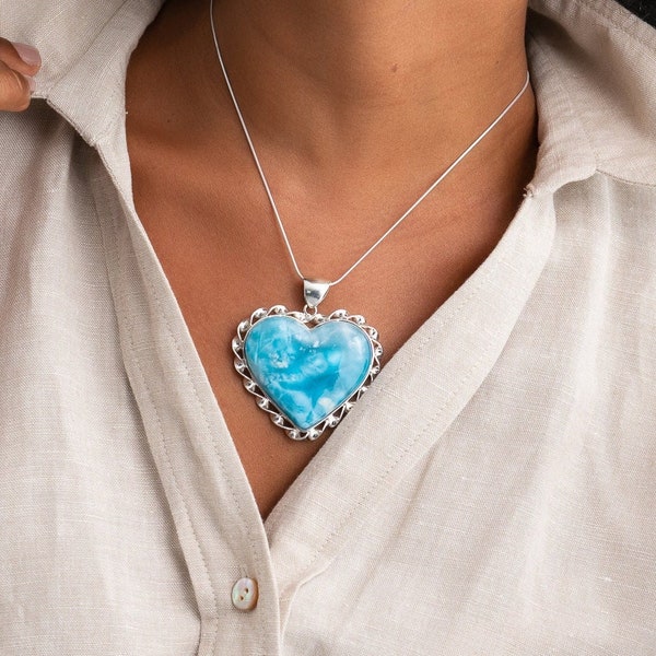 Larimar Heart Pendant Angelique, Handmade Larimar Jewelry for Women, Optional 925 Silver Chain, The Larimar Shop.