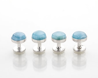 Round Larimar Tuxedo Studs Kirk | Dominican Blue Stone | Handcrafted The Larimar Shop®