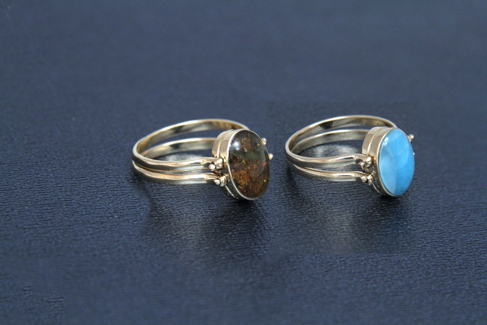 Larimar Amber Ring Double Sided Ring Woman Reversible Ring Etsy