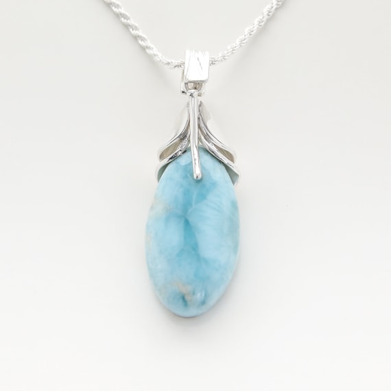 Collar De Plata De Ley Con Larimar - Diseño De Olas, Regalo Para Mujer, Cadena Ajustable
