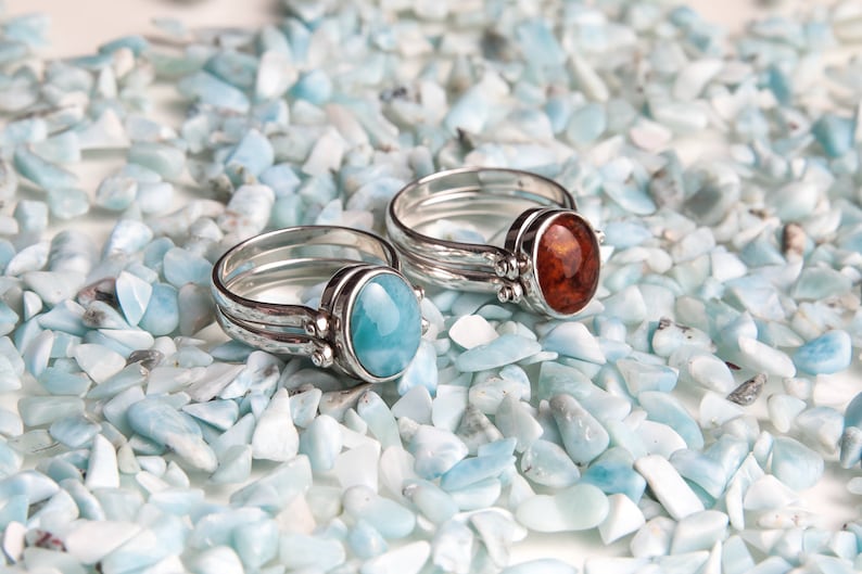 Larimar Amber Ring, Double Sided Ring, Woman Reversible Ring, See Available Sizes, Larimar Ring, Amber Jewelry image 1