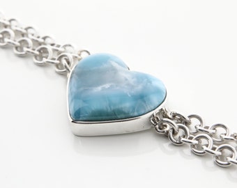 Catalina Heart Bracelet - L | Dominican Larimar | Larimar and Silver | Heart Shaped Jewelry|  Handcrafted The Larimar Shop®