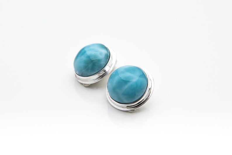 Round Larimar Clip-On Earrings Maggie Dominican Stone Jewelry for Women Larimar and Silver Handcrafted The Larimar Shop® image 3