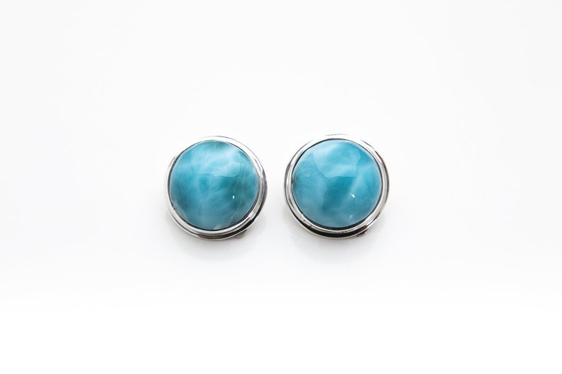 Round Larimar Clip-On Earrings Maggie Dominican Stone Jewelry for Women Larimar and Silver Handcrafted The Larimar Shop® image 1