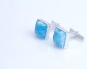 Larimar Cufflinks, Deep Blue Larimar Stones, Dominican Handcrafted, Men Cuff Links