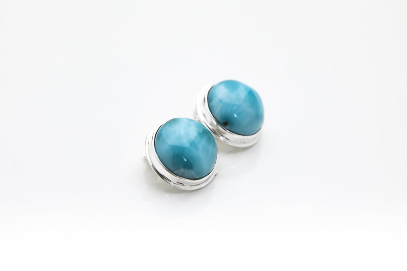 Round Larimar Clip-On Earrings Maggie Dominican Stone Jewelry for Women Larimar and Silver Handcrafted The Larimar Shop® image 4