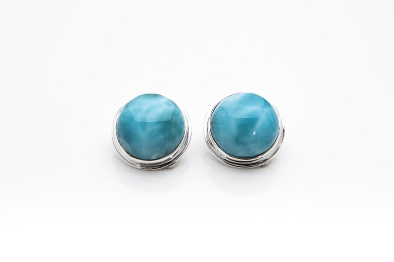 Round Larimar Clip-On Earrings Maggie Dominican Stone Jewelry for Women Larimar and Silver Handcrafted The Larimar Shop® image 2