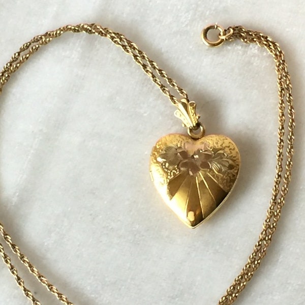 Gold Filled Engraved Flower Heart Locket WH Necklace Pendant 12K