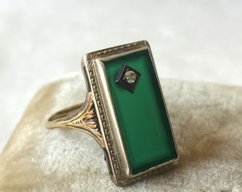 14K Gold Chrysoprase Diamond Ring Two Tone Yellow White Gold Victorian Revival Art Deco