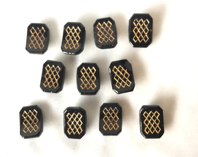 Black Gold Diamond Pattern Glass Eleven Buttons Rectangular Edwardian ...