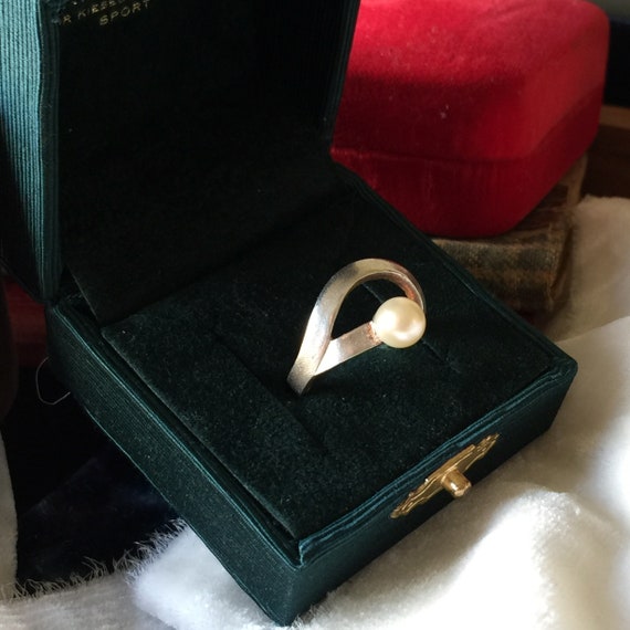 Pearl Sterling Silver Ring Crescent Moon Vintage … - image 1
