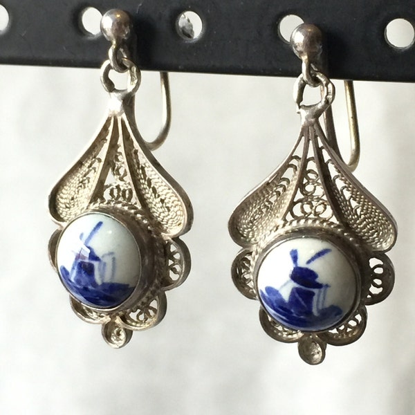 Silver 835 Delft Earrings Dutch German Windmill Ceramic Tile Filigree